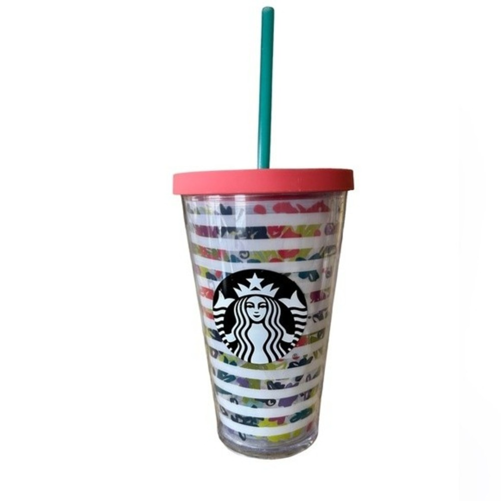 Starbucks 2017 cold cup tumbler in floral stripe pattern with lid and straw